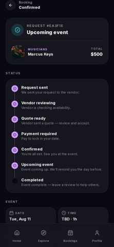 VibraConnect booking status screen from the App Store